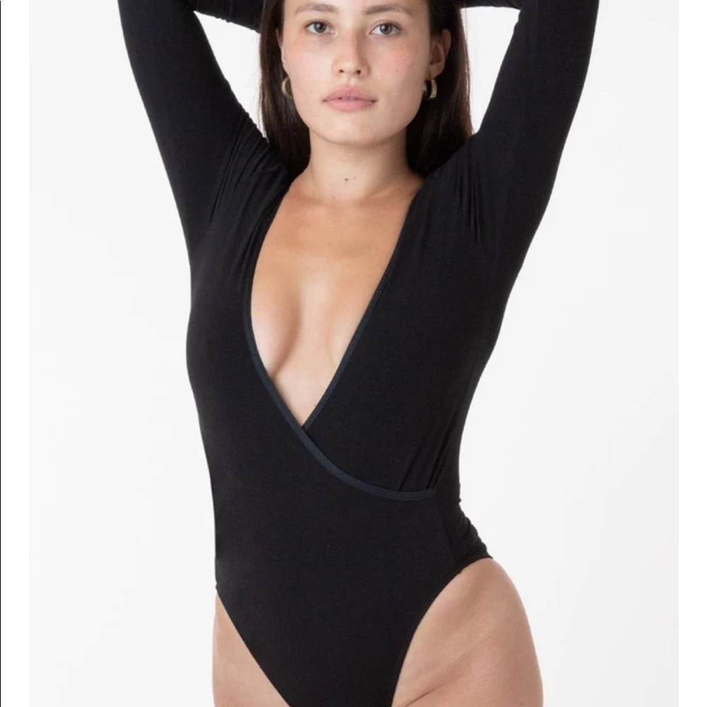 Long Sleeve Black Velvet Bodysuit V neck AA